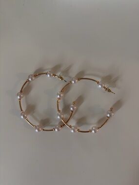 Gold Faux Pearl Beaded Hoop Earrings